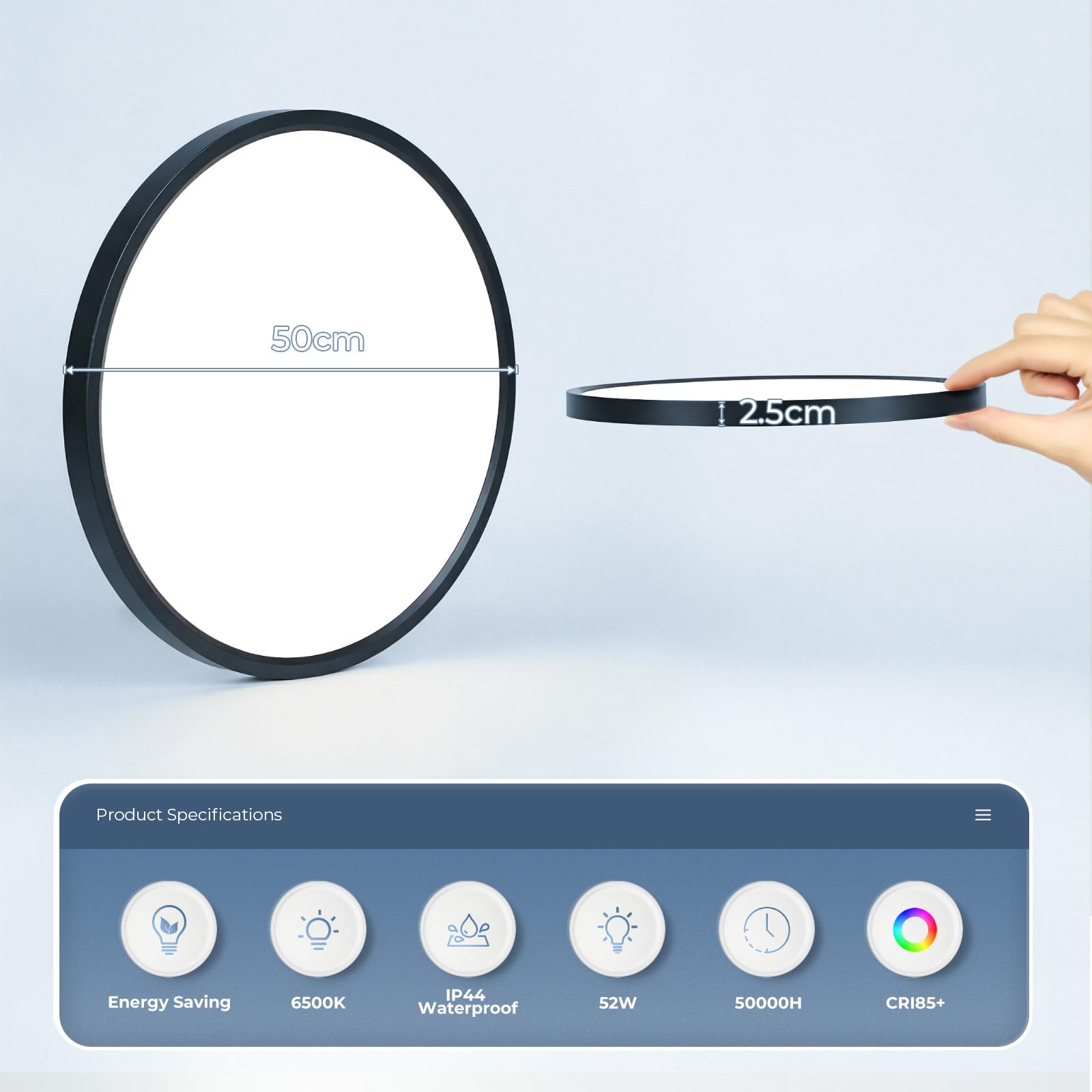 Okrągła lampa sufitowa LED 52 W, 5200 lm, ultra płaska czerń, wodoodporna IP44, zimna biel 6500 K, nowoczesna lampa do salonu, sypialni, kuchni, biura