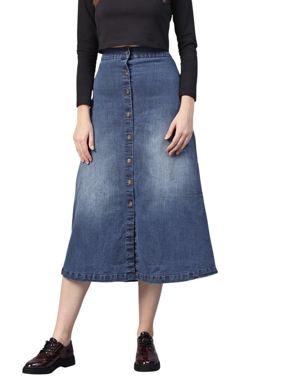 SASSAFRAS Women Denim Washed Long Buttoned Skirt in blue