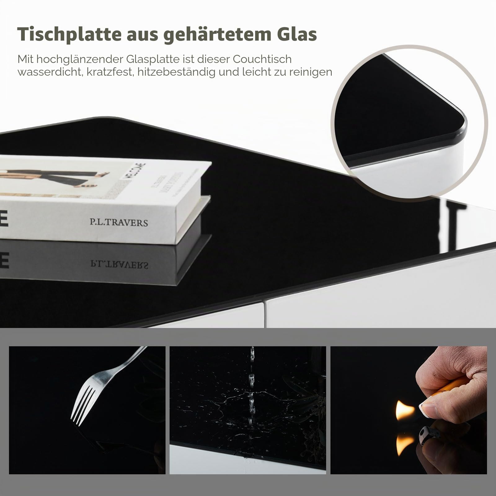 TUKAILAI Hochglanz Couchtisch mit 2 Schubladen und 8 mm Gehärtetem Glas, Glas Kaffeetisch Wohnzimmertisch mit Stauraum für Büro, Wohnzimmer, Möbel, Empfang, Wartebereich, Wartebereich Tisch