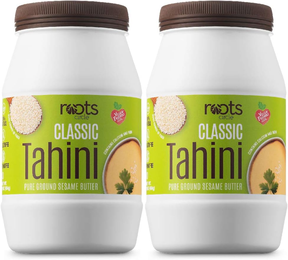Roots Circle All-Natural Sesame Tahini Paste | 100% Pure Rich & Creamy Ground Sesame Seed Paste for Hummus, Tahini Sauce, Dressing & Dips | Vegan, Kosher | Non-GMO, Gluten & Peanut-Free | 2 Jars 16 Oz