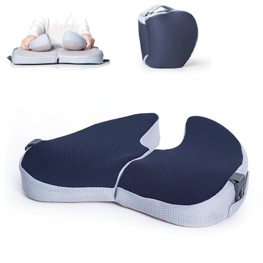 Foldable Travel Car Seat Cushion,Collapsible Memory Foam Ergonomic Coccyx Cushion for Tailbone Pain,Sciatica & Hemorrhoid,Portable Seat Pads for Airplane Seats,Desk Chair & Wheelchair (Navy Blue)