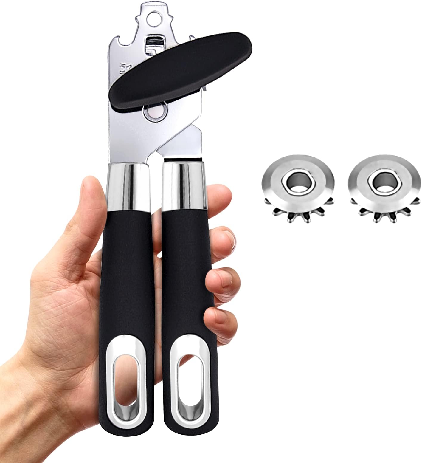 Navani Stainless Steel Can Opener Manual That Work Comes with 2 Additional Smooth Edge Tin Opener Replacement Blades and Also an Ergonomically Jar Opener Suitable for The Elderly with Arthritic Hands