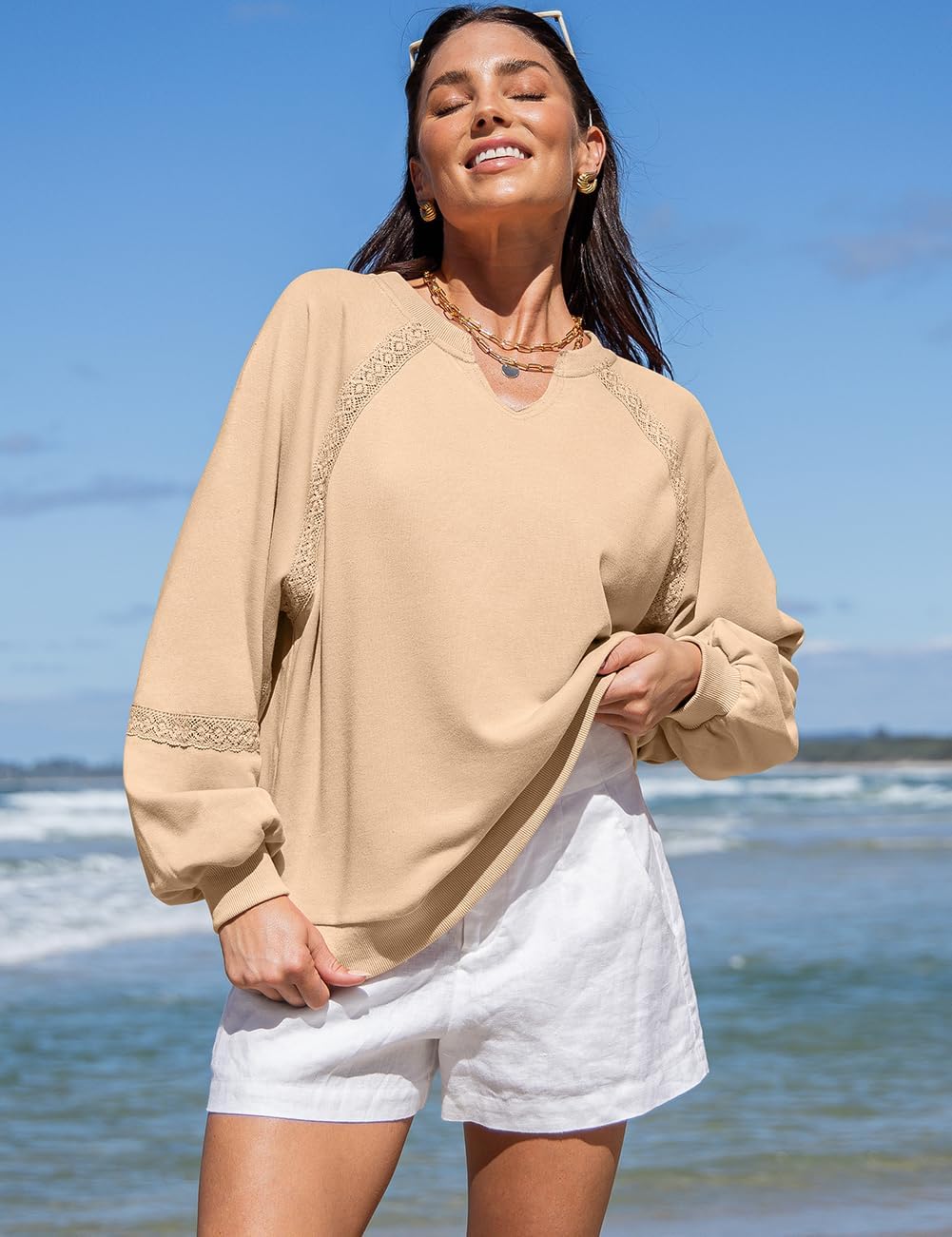 UEU Womens V Neck Crochet Sweatshirt Long Sleeve Oversized Pullover Loose Fit Casual Knit Tops Lightweight Sweater Shirt - Image 3