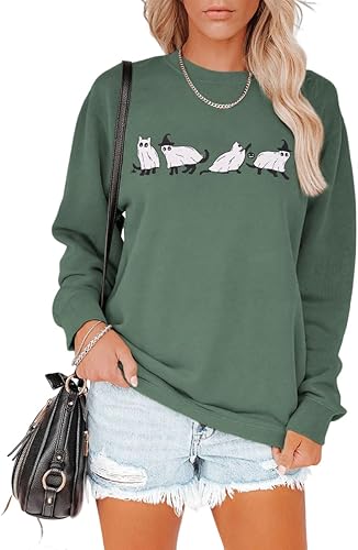 BOUTIKOME Sudaderas de Halloween para mujer, diseño de gato espeluznante, manga larga, cuello redondo, suéter suelto para otoño