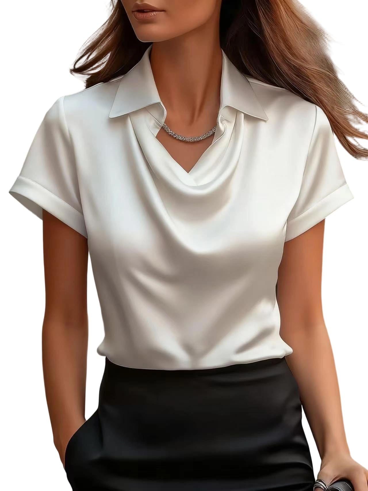 Women's Satin Silk Blouses Long Sleeve Elegant Cowl Neck Blouse Soft Casual Lightweight Shirt Tunic Office Tops
