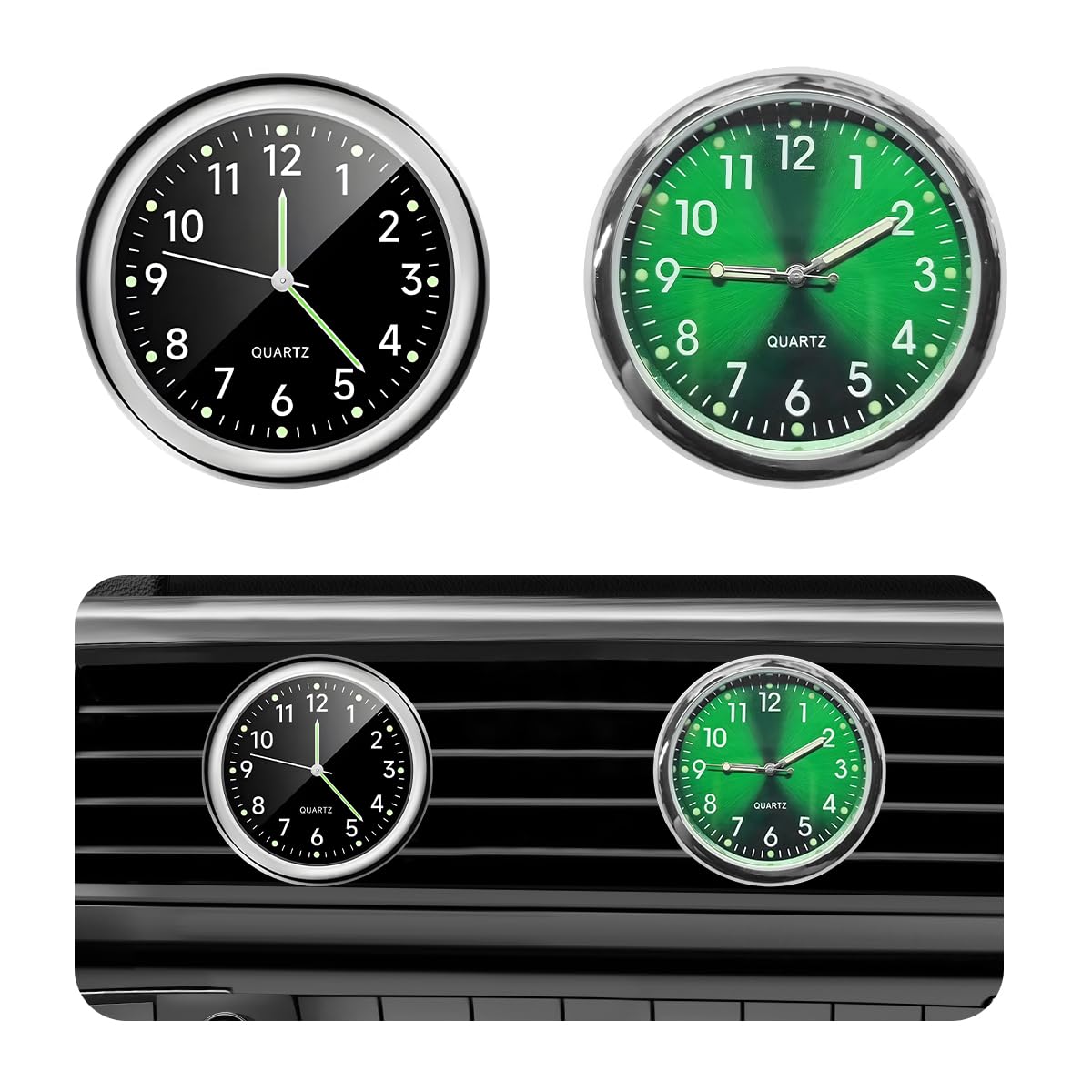 povtii Mini Car Clock Round Shape Luminous Vehicle Dashboard Clock Stable Clock with Adhesive Installation for Car Air Vent Universal Car Accessories (Black+Green) 2 Pack-image-20