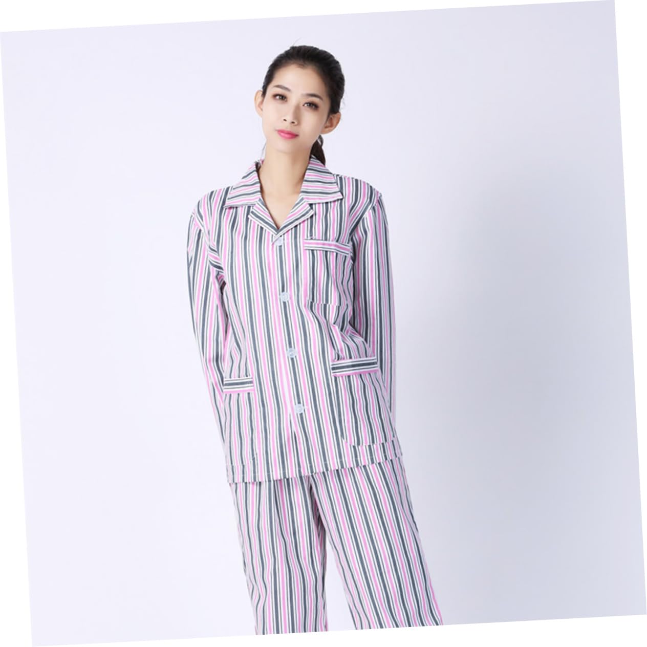 FRCOLOR Pijama Algodón Manga Larga Cómodo para Hospital y Hogar Conjunto Unisex con Botones y Azul y Blanco Rayas