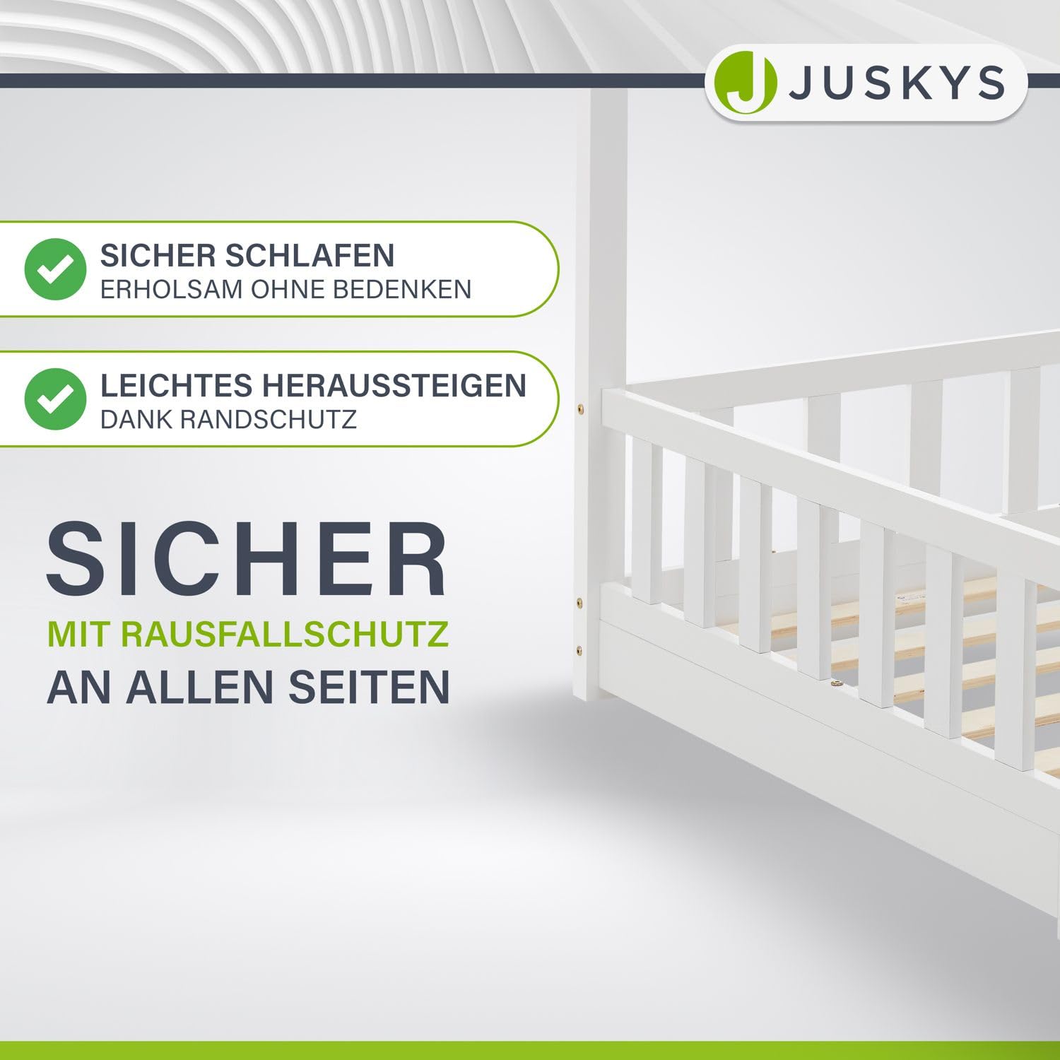 Juskys® Kinderbett Marli 90 x 200 cm mit Matratze, Rausfallschutz, Lattenrost & Dach - Massivholz Hausbett für Kinder - Bett in Weiß