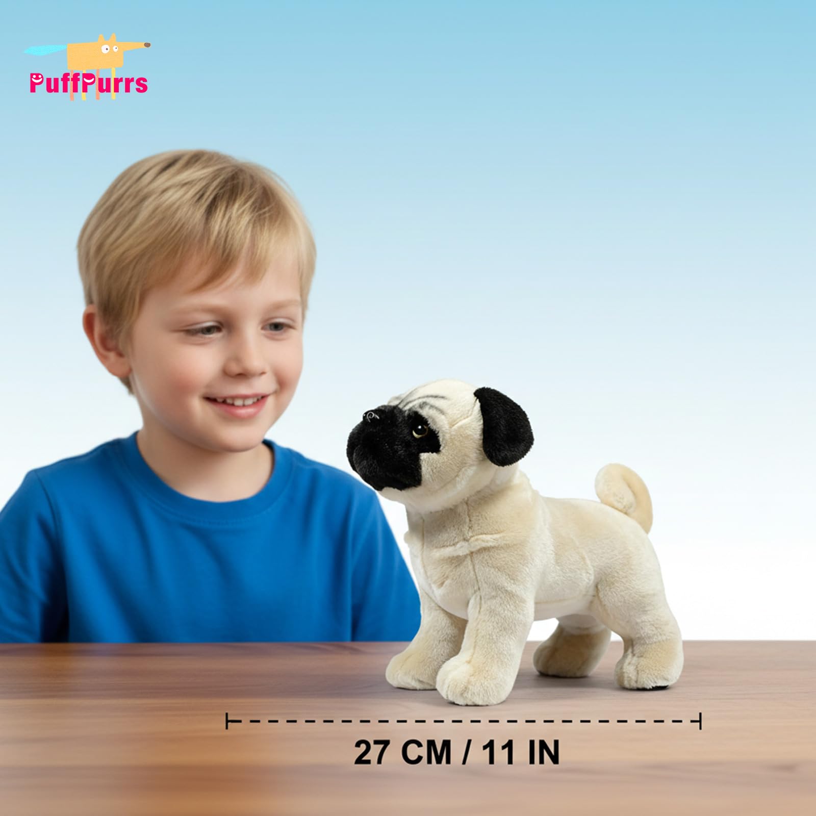 PuffPurrs Lifelike Pug Plush Toy, Realistic Mops Teddy Stuffed Animal, Cute Flat wrinkled face Dog Toy Gift, 27 CM/10 IN - Image 4