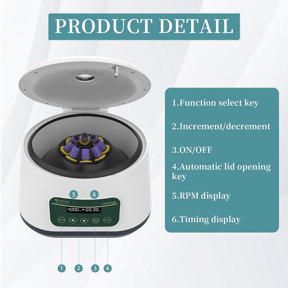 Centrifuga da Laboratorio, per 8 Provette per Prelievo di Sangue da 2/5/10 Ml, 4 Provette per Centrifuga da 15 Ml, Timer da 30 S a 59 Min, velocità Regolabile, per Esperimenti LC-400PRO