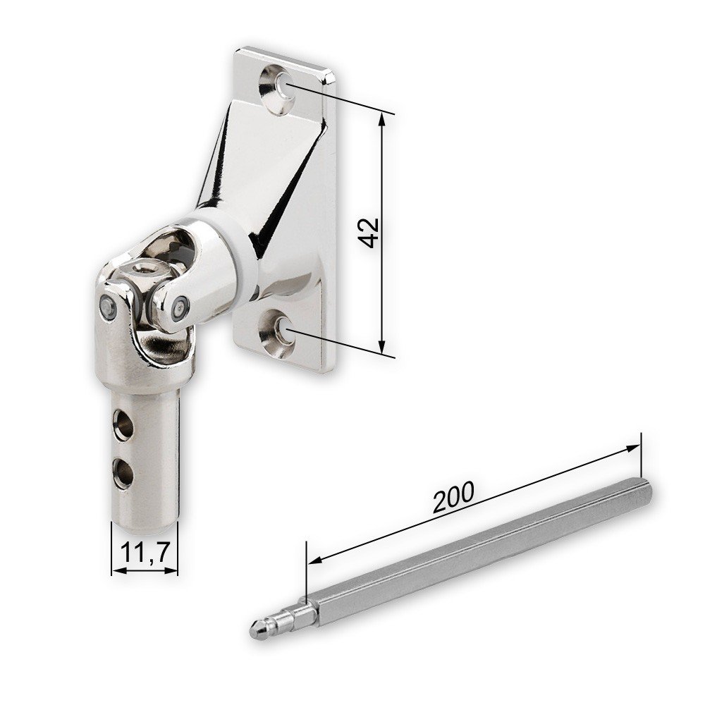 Gelenklager für Kurbelgetriebe, Schwenkbereich 45° (Grad), Platte 55 x 22 mm, vernickelt, inkl. Vierkantstab 200 mm x 6 mm, von EVEROXX®