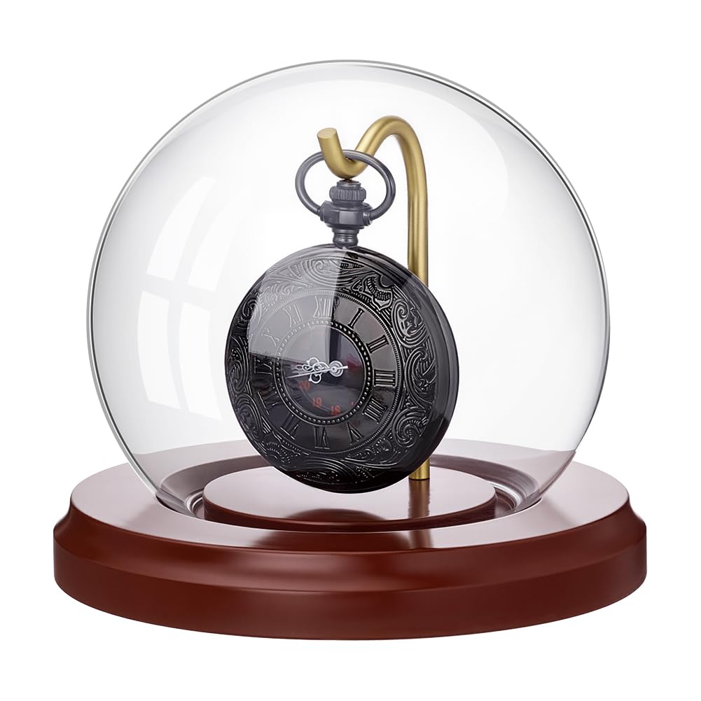 PH PandaHall 9.5x11.3cm Cloche de Présentation pour Montre de Poche, Dôme en Verre avec Base en Bois et Crochet Métallique pour Montres de Poche Médailles Objets Photos Ornements