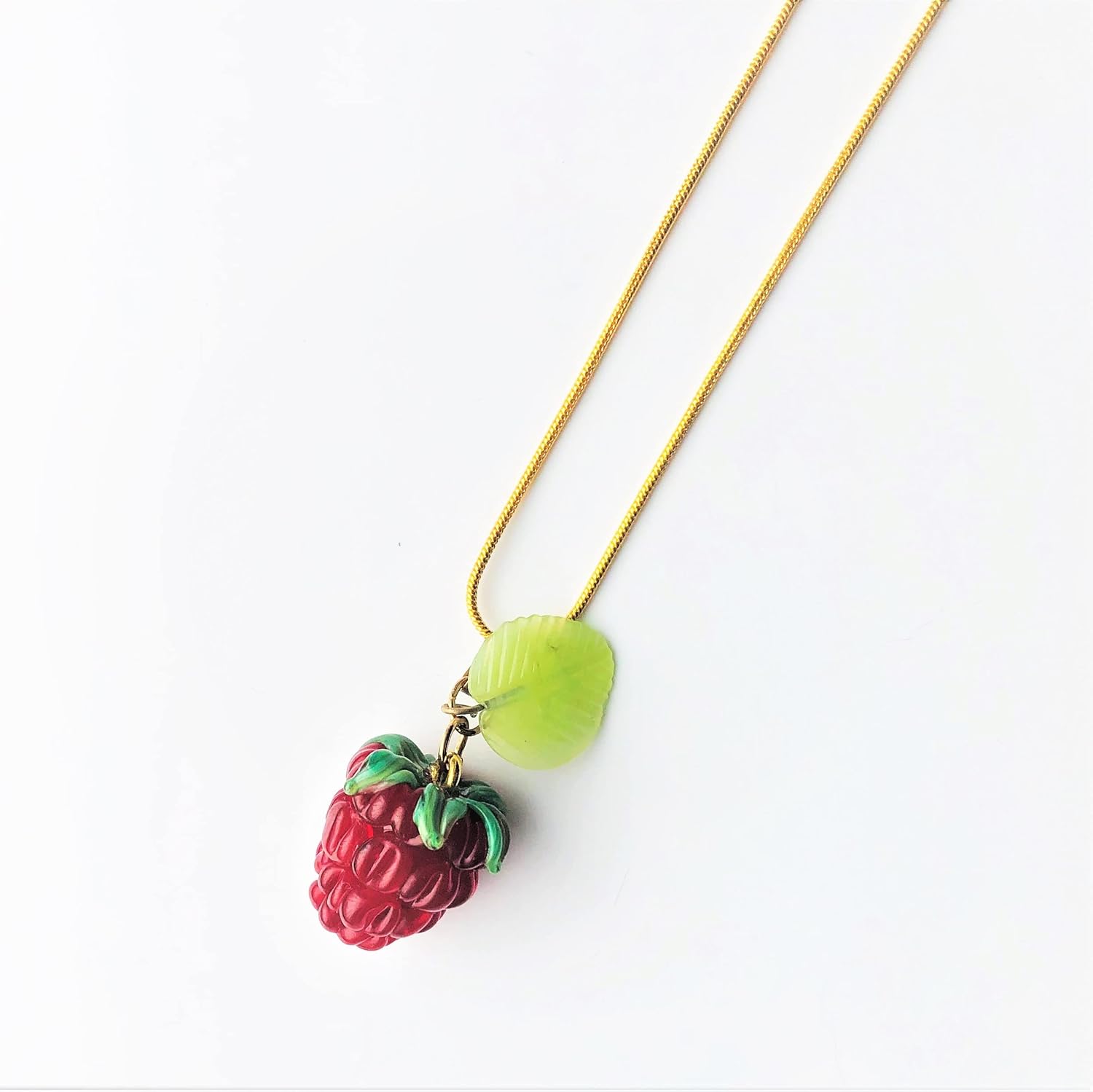 Realistic Raspberry Red Fruit Lampwork jade Green Glass Leaf Pendant Gold Filled Snake Chain Necklace