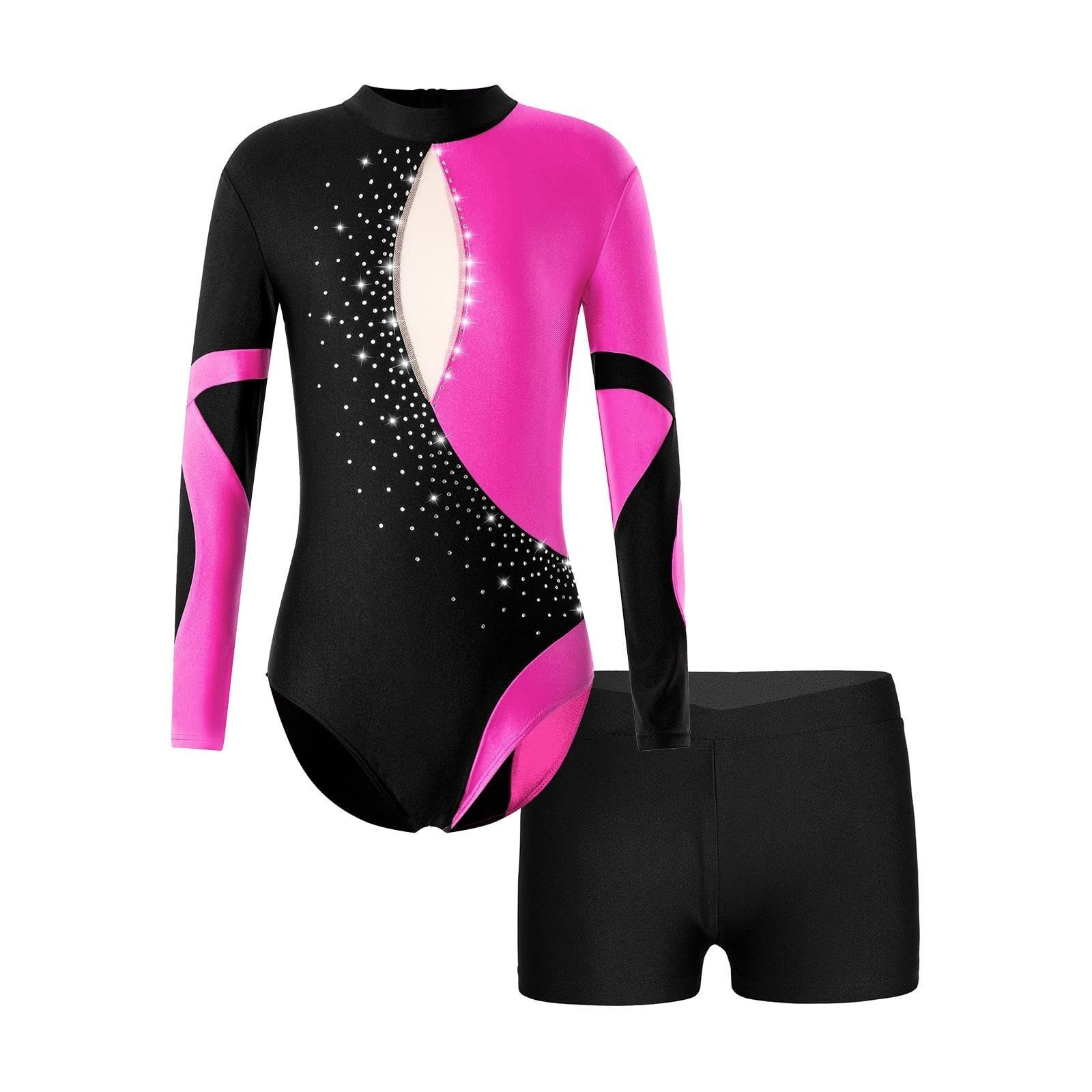 Turnanzug Mädchen Mädchen Ballettanzug Gymnastikanzug Eiskunstlauf Kostüm Langarm Rückenfrei Glänzend Strass Bodysuit mit Shorts