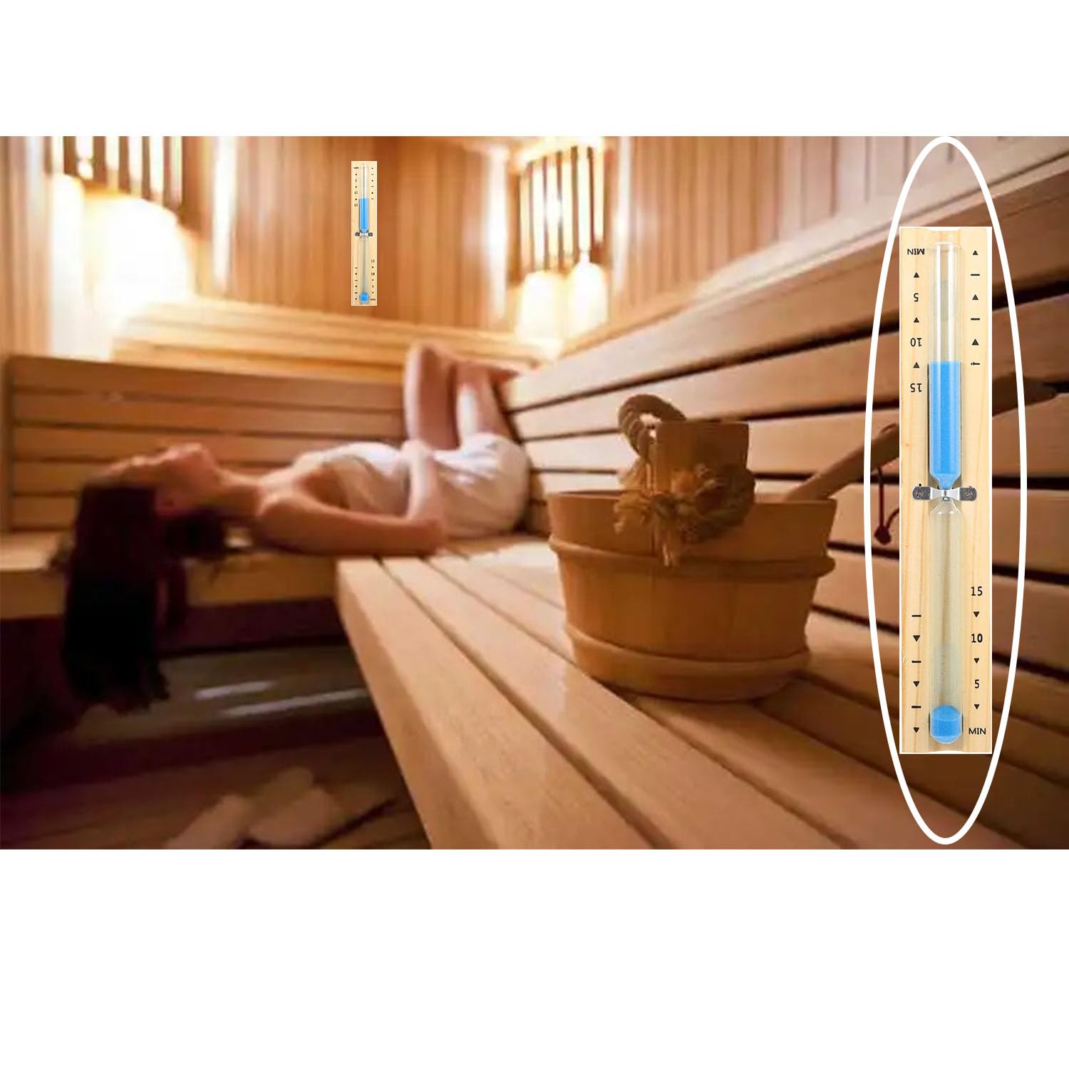 Reloj de arena para sauna, 15 minutos con arena azul, reloj de madera resistente al calor para girar + 2 tornillos de acero inoxidable – Accesorios para sauna