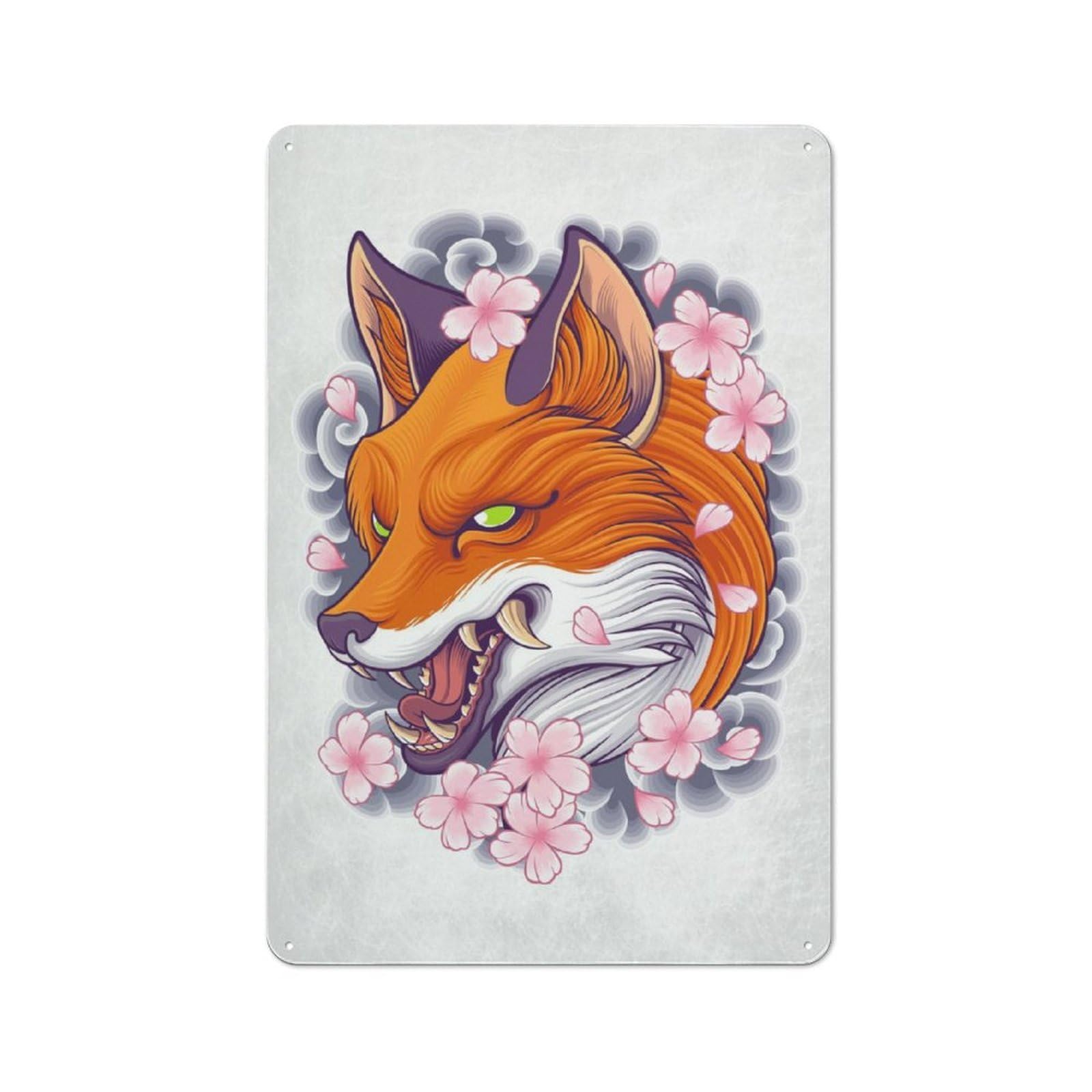 Junmoney Fox Japan Character Decorative Tin Plaque 30X20cm Featuring Home Wall Decor For Flat, Dorm Room, Lounge Or Cafe