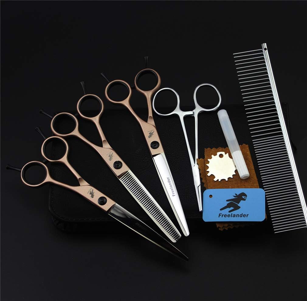 Pet Grooming Scissors Set Pet Scissors (7.0 Inch) Stainless Steel Blade Dog Grooming Scissors 3 Pieces Professional Pet Straight Scissors Thinning Scissors Curved Scissors for Body Face Ear Nose Paw