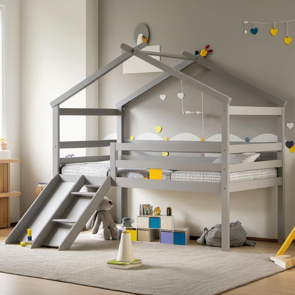 Twin Size Low Loft Bed with Slide for Kids,Girls,Boys Bedroom,Wood House Roof Frame with Inclined Ladder,Easy to Assemble,Under Bed Storage,White