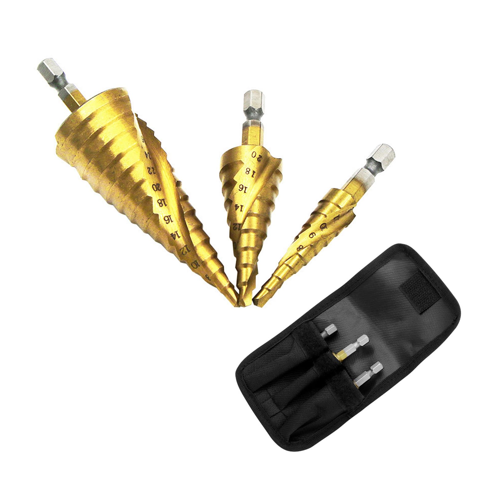 HRLORK 3 Pcs Spiral Grooved Step Drill Bit 4mm to 12/20/32 mm Cone Drill Bits Hole Cutter Titanium Coated Hard Metal Spiral for Wood Drilling