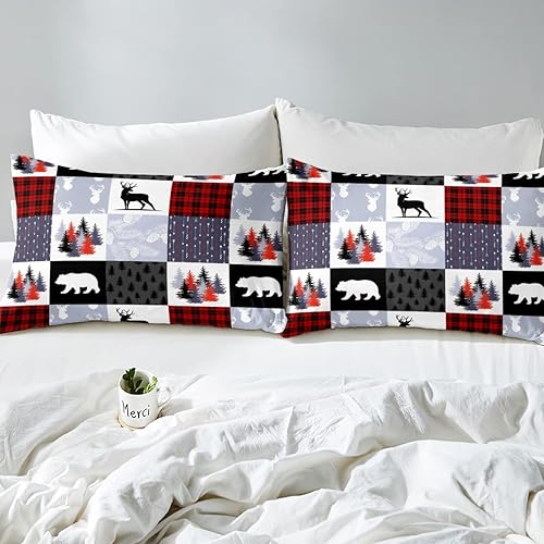 Miniatura 6 de Juego de edredón de ciervos y alces de caza para adolescentes, juego de ropa de cama de retazos de osos y vides, tamaño Queen para niños y niñas,