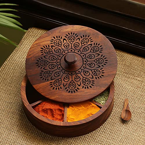 Image of ExclusiveLane 'The Dancing Peacock' Sheesham Wooden Spice Box for Kitchen with Spoon (7 Partitions, 120 ml Each) | Masala Container Spice Box Wooden Namak Dani for Kitchen Masala Box Wooden Dani