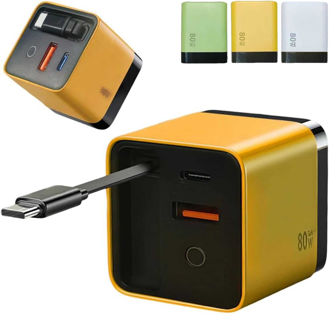 3 in 1 GaN Charger,Scalable 80w Max Fast Charger Module with Type C Cable and 2 USB Ports, Torbe 80 Watt All in One Retractable Phone Wall Plug for