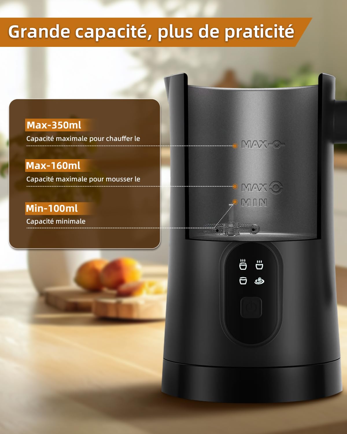 Liksiy Écumoire à lait, 4-en-1 électrique chauffe-lait et mousseur, 350 ml automatique pour café, mousse chaude et froide pour latte, cappuccino et chocolat chaud (Noir)