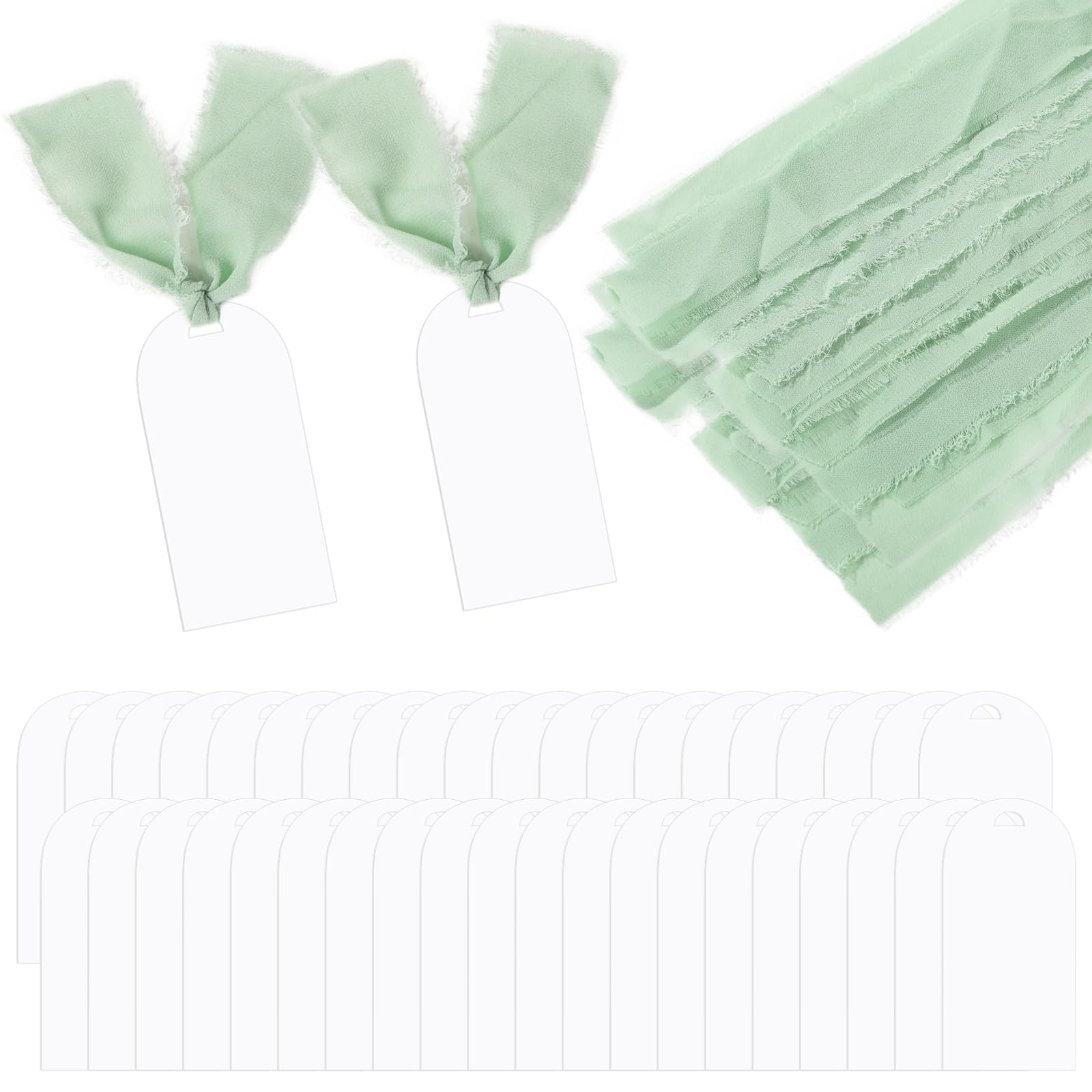 50 Stk. Acryl-Platzkarten, personalisierbare Namensschilder mit grünem Band, klare Tischkarten für Hochzeiten und Tischdekoration, Blanko-Reservierungsschilder als Menükarten oder Lesezeichen