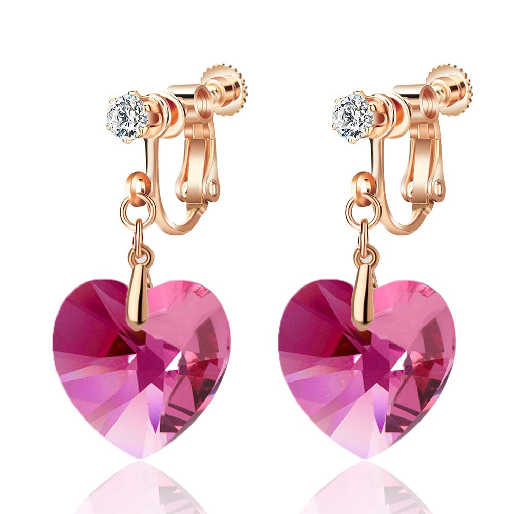Austrian Crystal Heart Drop Clip On Dangle Earrings for Women Non Pierced 14K Rose Gold Plated Hypoallergenic Jewelry