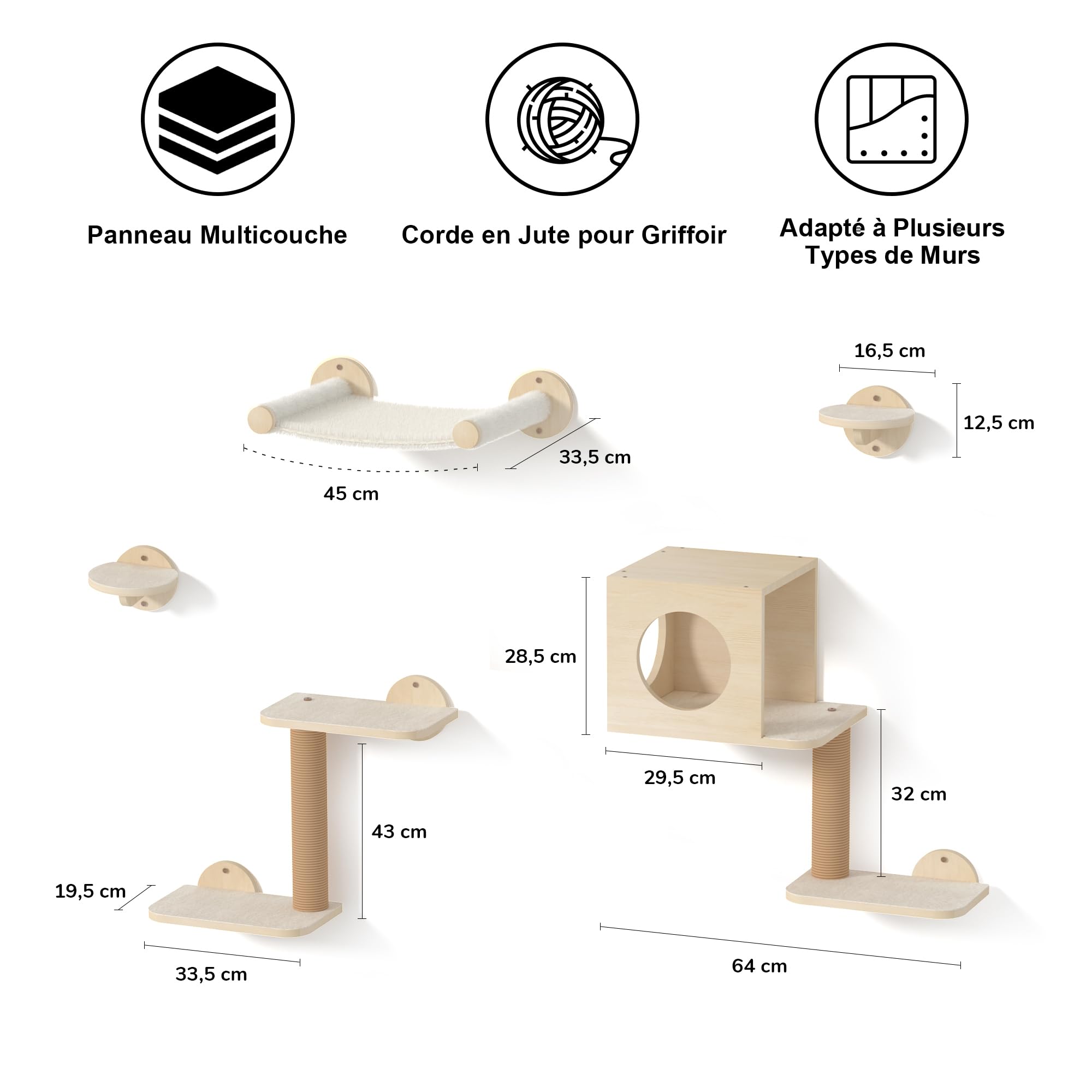 FUKUMARU Étagères Murales pour Chat, Set de 5 Meubles Muraux, Grimpeur en Bois Stable avec Hamac, Maison, Marches et Poteau à Griffer, Beige