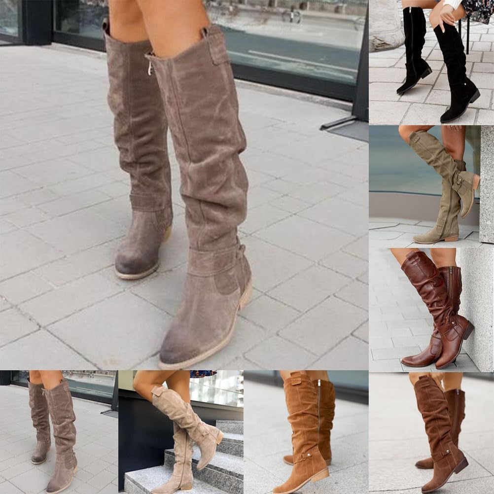 Cowboy Boots For Women Knee High Length Suede Wide Calf Western Cowgirl Boots With Side Zipper Retro Chunky Low Heel Mid Calf Riding Boots Dress Winter Shoes For Ladies - Image 4