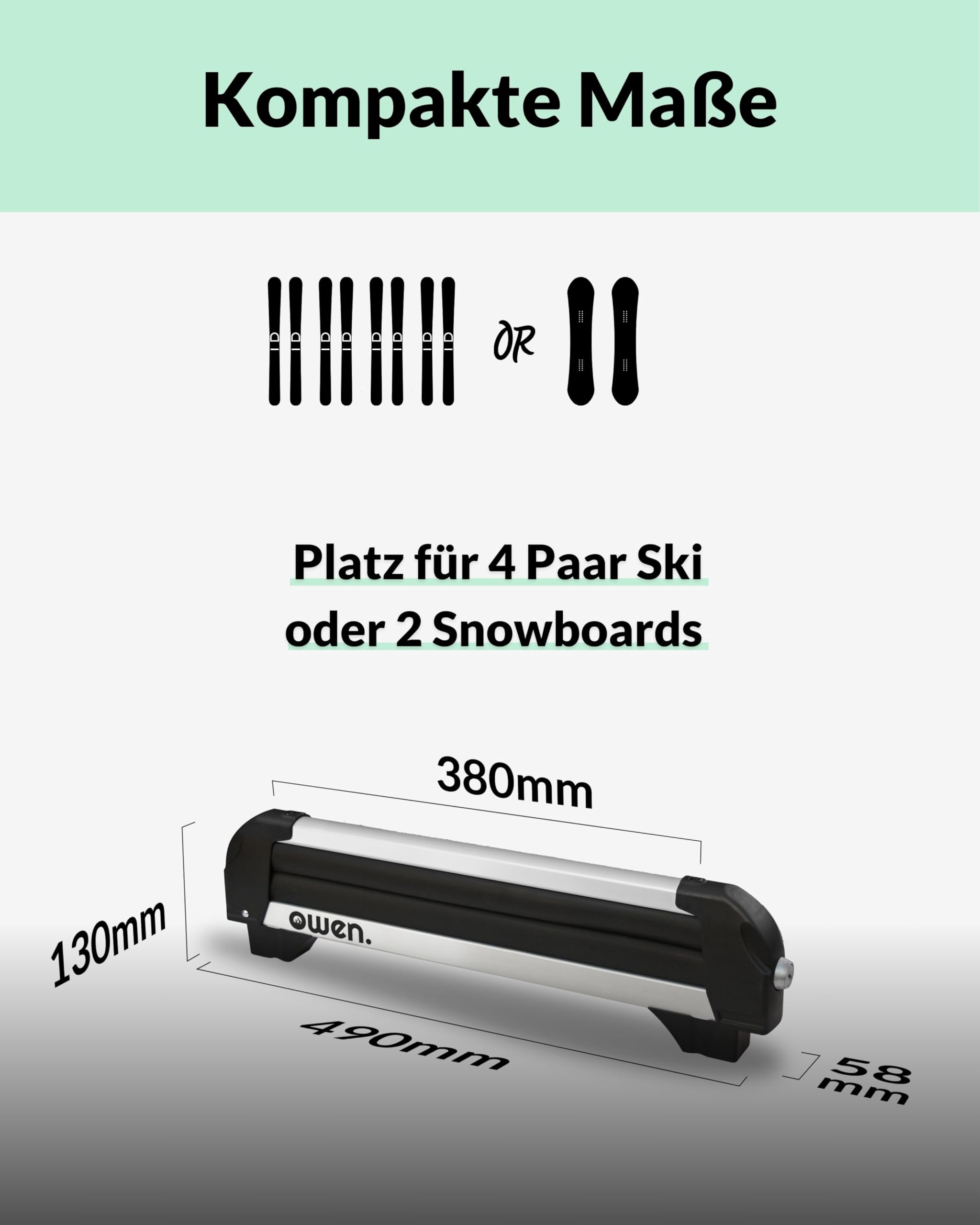 Owen Skiträger Basic Silber – Leichter Alu Skihalter für 4 Paar Ski & 2 Snowboards – Kompakt & Aerodynamisch – City-Crash Getestet & Abschließbar (49 cm Breite)