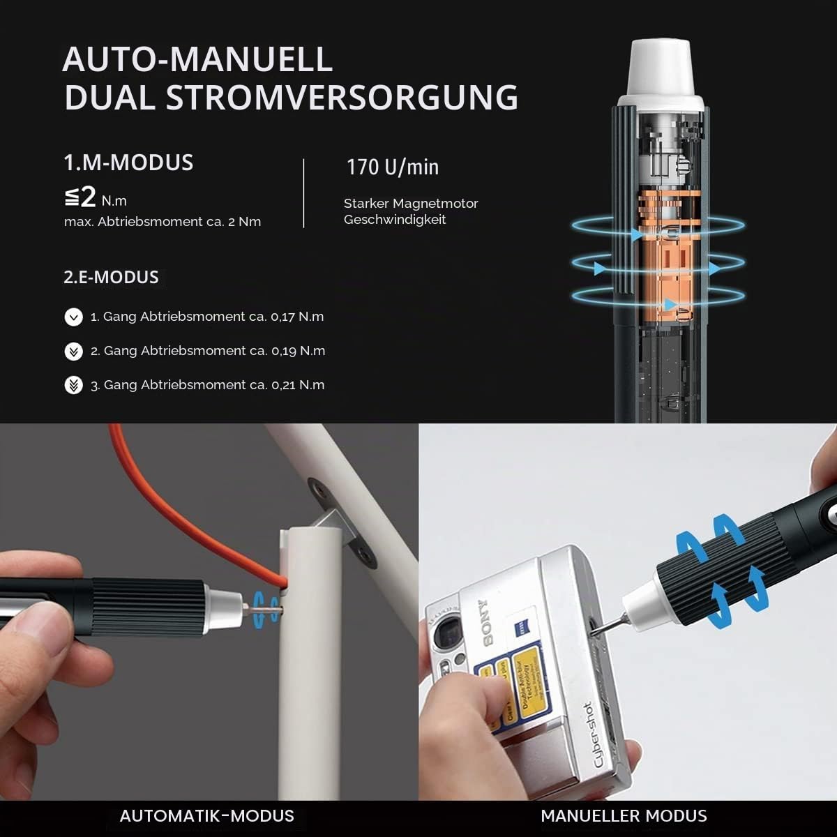 JAKEMY Mini Elektro Schraubendreher E21-A Set Einstellbares 3 Drehmoment Akku Feinmechaniker Elektrischer Schraubendreher mit LED-Lichter USB Typ-C Aufladung für PC, Laptop, Brillen, Uhren, Kamera
