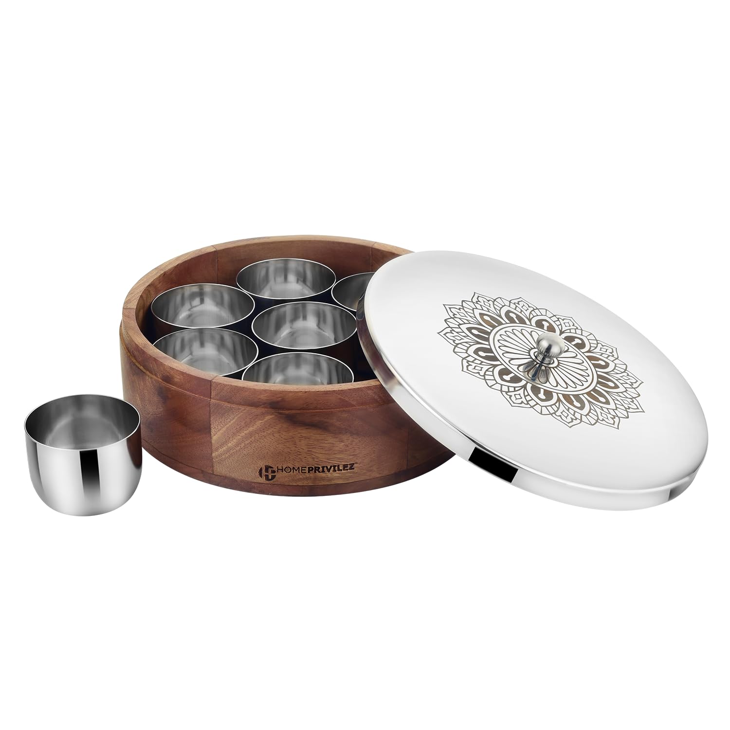 HOMEPRIVILEZ "AKSH Masala Box/Spice Box/Storage/Organiser/Anjarai Peti for Kitchen, Wooden Stainless steel Masala Box with 7 Jars container(Dia-9 Inch) (SILVER).