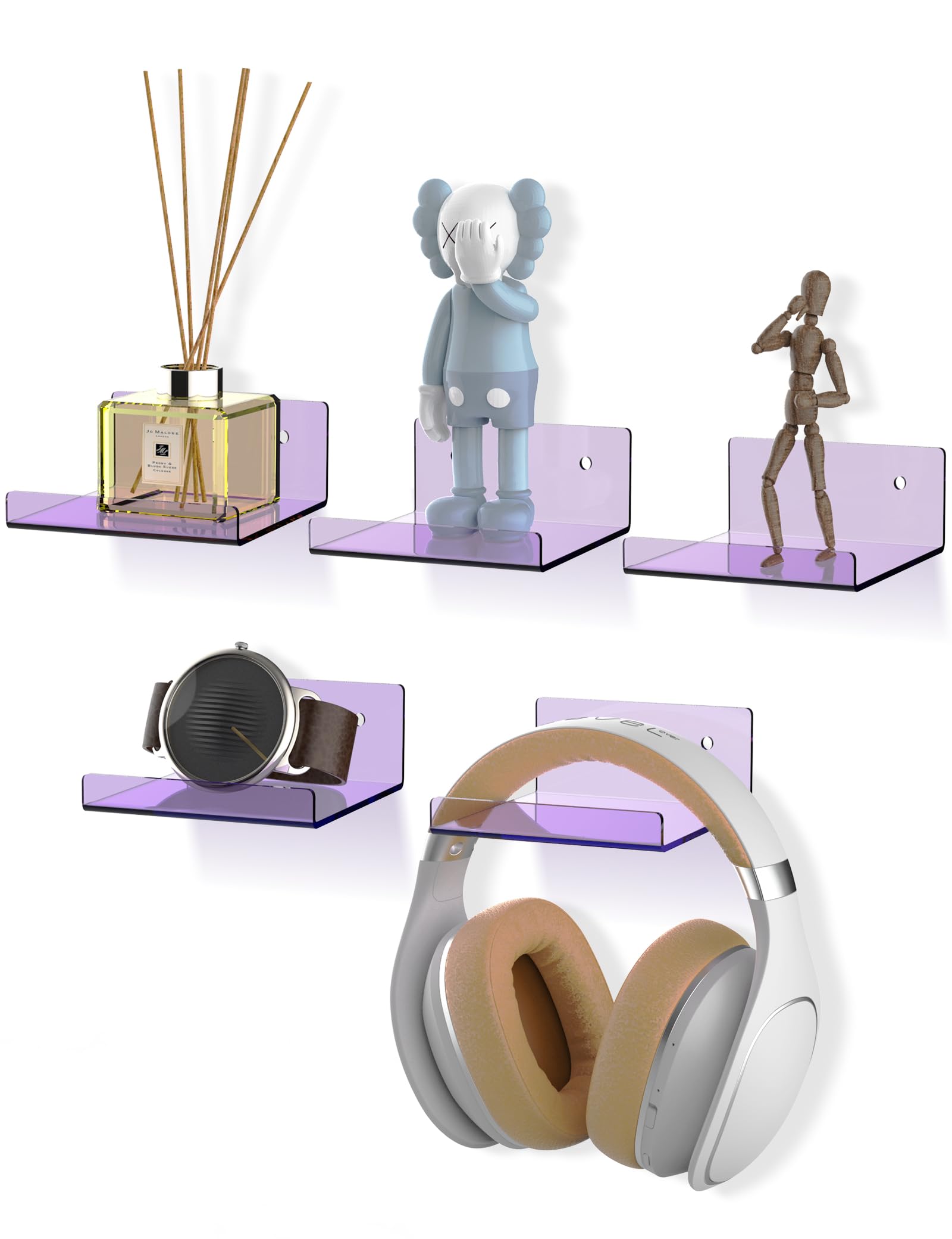 NiHome Purple Acrylic Floating Shelves with Edge 5-Pack, Ledge Phone Holder - Wall Mountable and Multi-Functional for Home Décor, Bathroom, Kitchen, Bedroom, Office Use