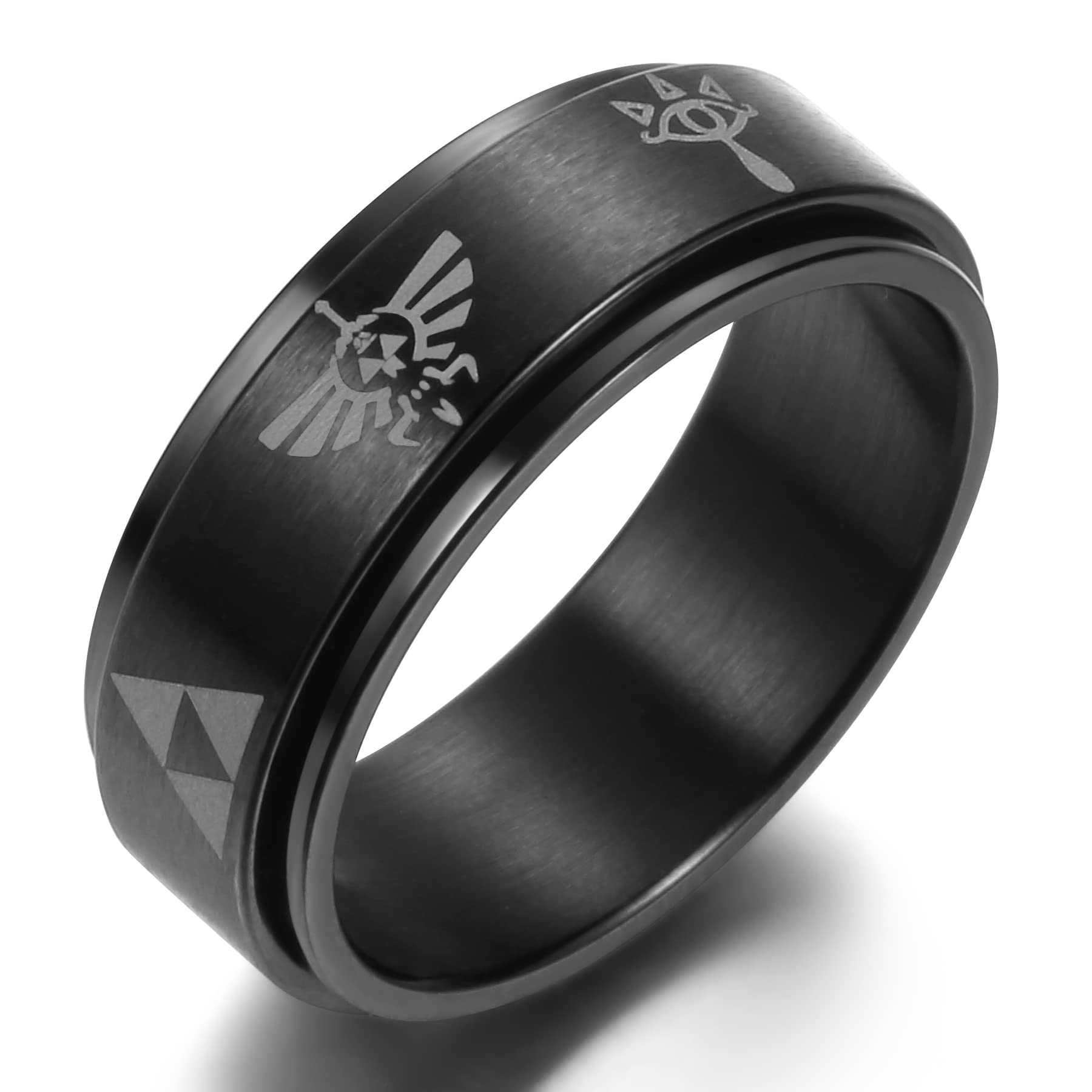 Adreamz 8mm Black Spinner Pattern Triforce Stainless Steel Wedding Band Anxiety Relief Spinning Ring