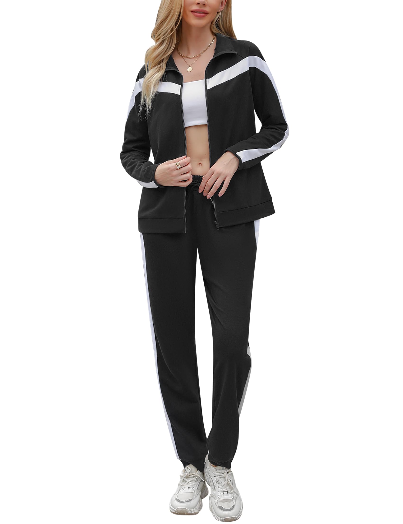 Terecey Tuta Sportiva Donna Completa,2 Pezzi Tuta Ginnastica Donna Invernale Elegante,Felpa con Cappuccio+Pantaloni Sportivi,Set Completo Sportivo Donna per Jogging Correre Fitness S A-Nero