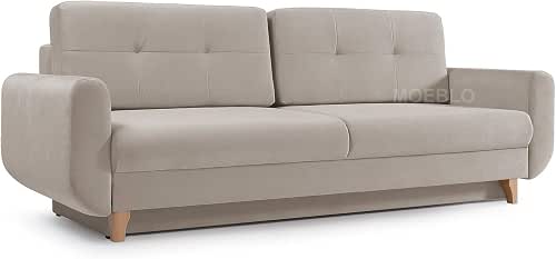 MEUBLO Canapé Convertible en Velours 3 Places Tissu Saphir (Beige)