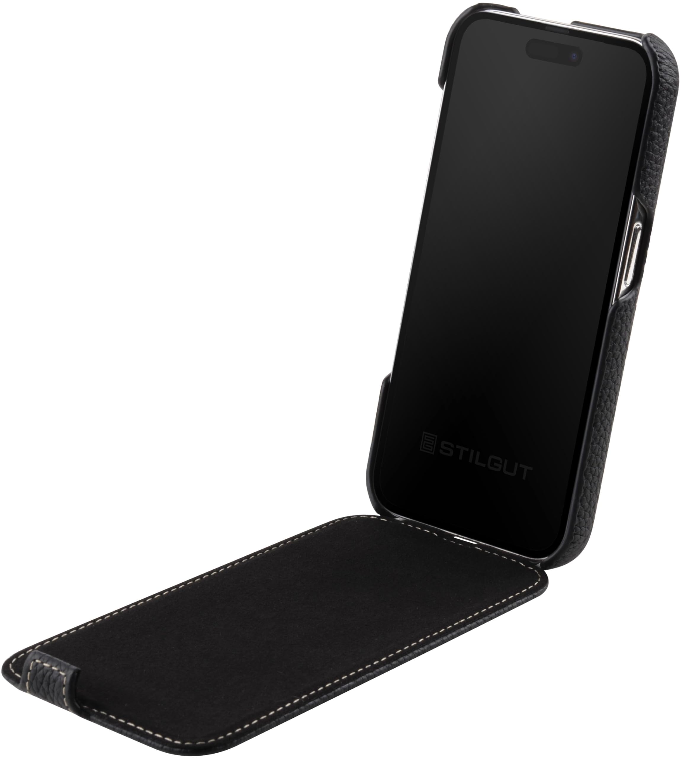 STILGUT UltraSlim passend für iPhone 16 Pro Max Hülle - iPhone 16 Pro Max Flip Case kompatibel mit MagSafe aus Leder, Klapphülle, Handyhülle, Lederhülle - Schwarz
