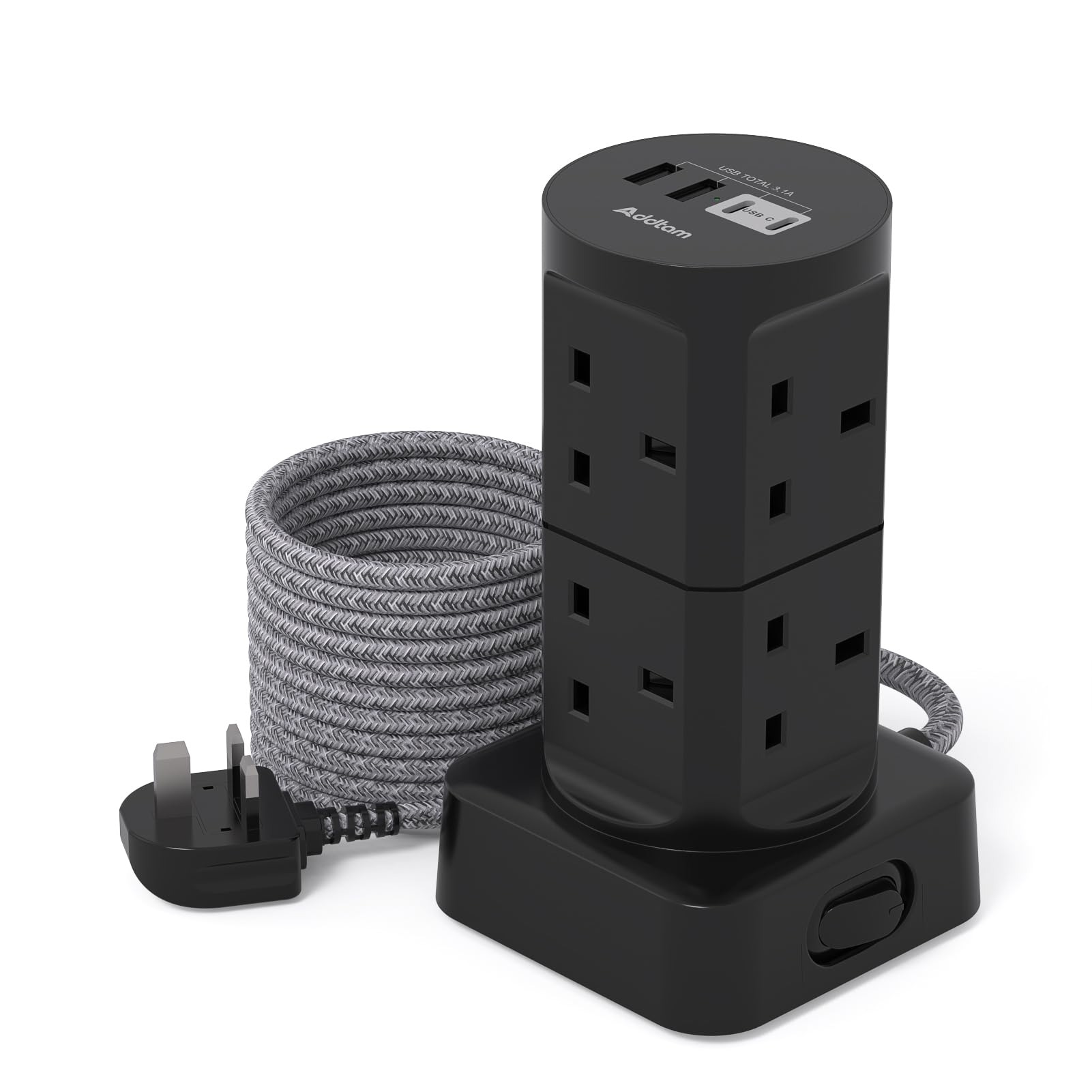 Tower Extension Lead with USB Slots, (13A 3250W), 8 Way Multi Plug Extension Tower & 4 USB Ports (2 Type C), 1.8M Extension Cable, Extension Lead tower for Home Office School Supplies (Black)