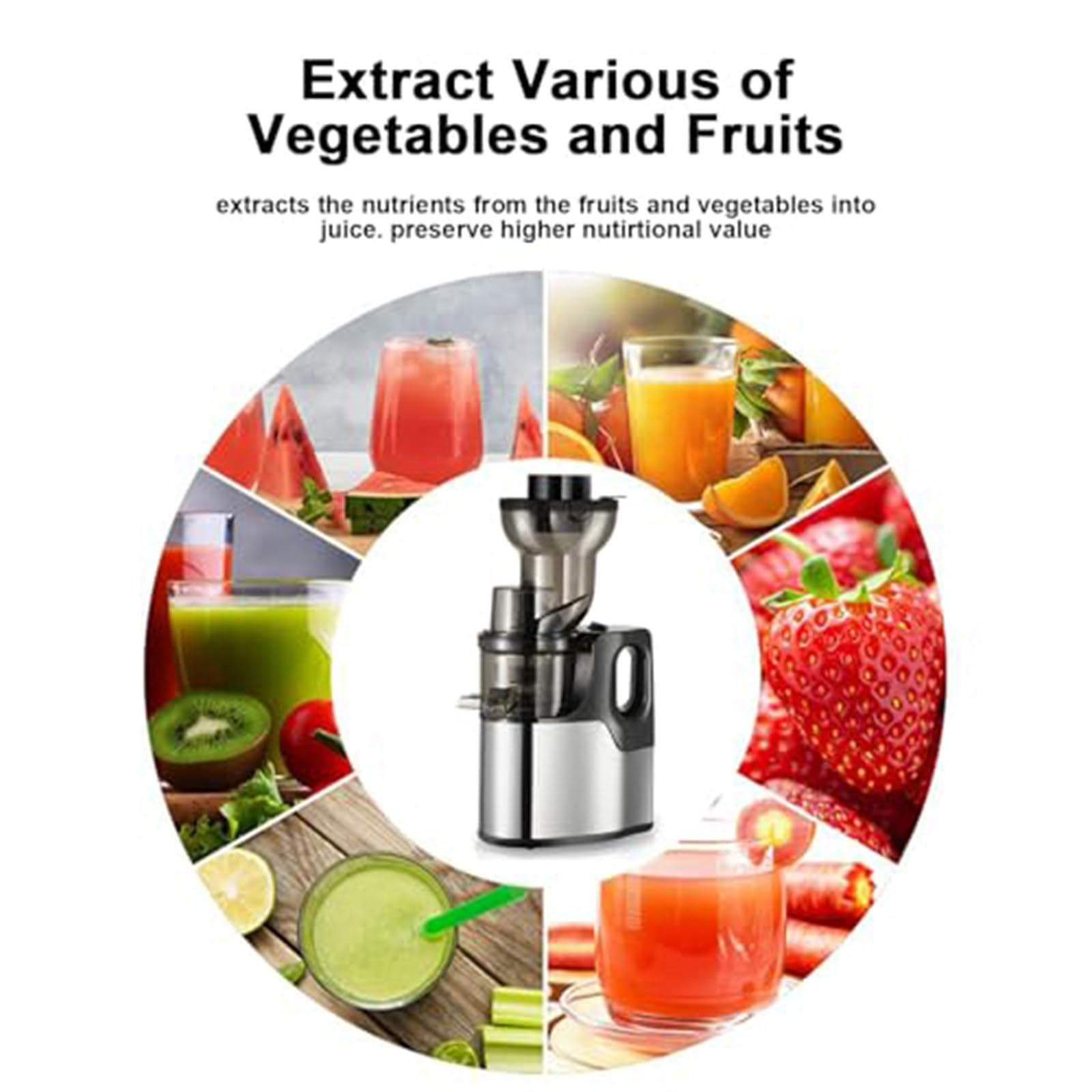 Extracteur De Jus Portable à Froid 1500 ML, Faible Vitesse Silencieux, 2 Vitesses, Fruits Et Légumes Entiers Grey