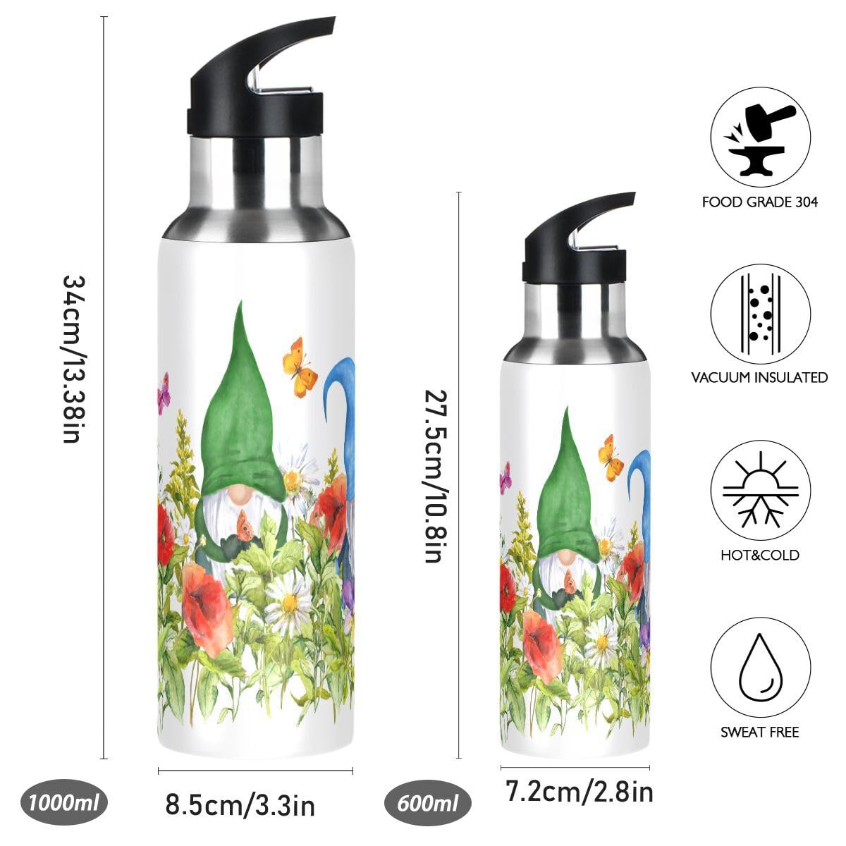 Vakuumisolierte Edelstahl-Wasserflasche 600 Ml – Mit Strohhalm, Motiv Roter Mohn, Auslaufsicher