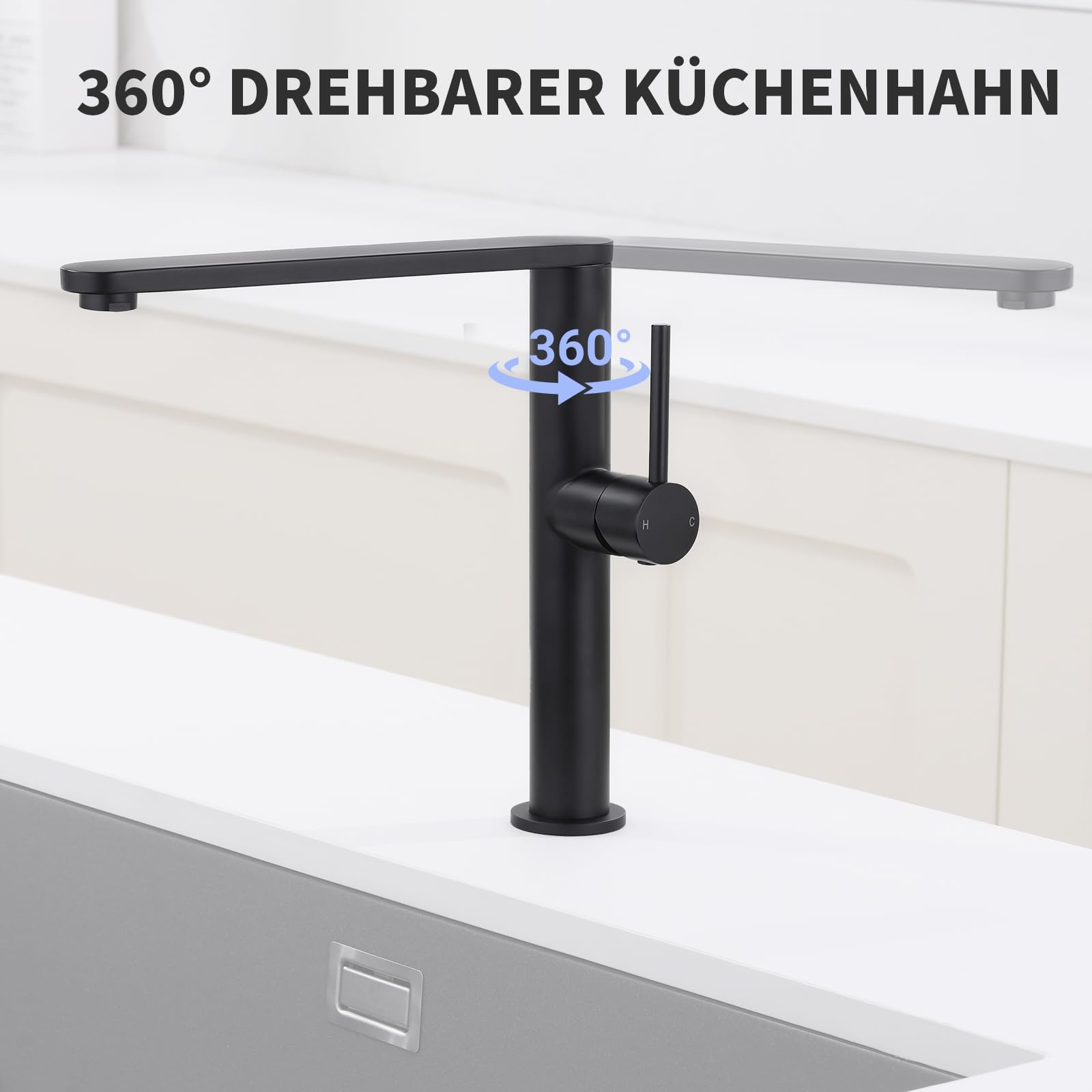Tohlar Niederdruck Armatur Küche Schwarz, Einhebel Wasserhahn für Boiler | Niederdruck Küchenarmatur mit 3 Anschlüsse, 360 ° Drehbare Spültischarmatur, Mischbatterie aus Edelstahl