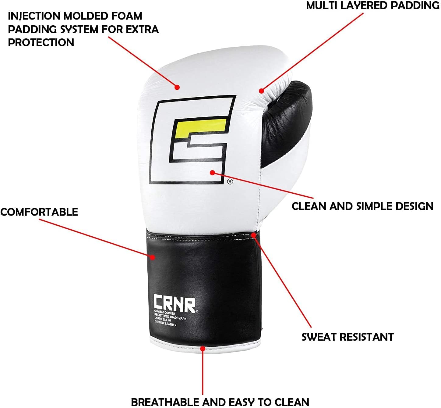 Combat Corner Pro Fight 2.0 Cowhide Leather Lace Up Boxing Gloves for Men and Women - MMA, Kickboxing, Muay Thai Sparring and Training Gloves (8 oz and 10 oz)