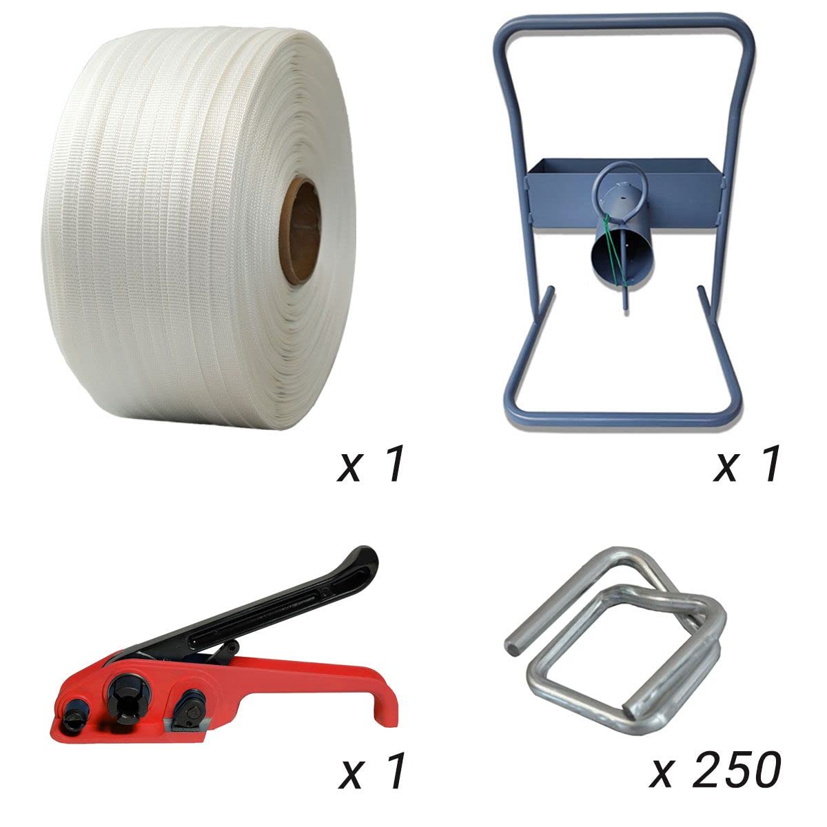 Kit 1 Fleje tejido 19 mm x 500 m + 1 tensor GRATIS + 1 dispensador + hebillas - Resistencia 750kg - TECPLAST KFT2