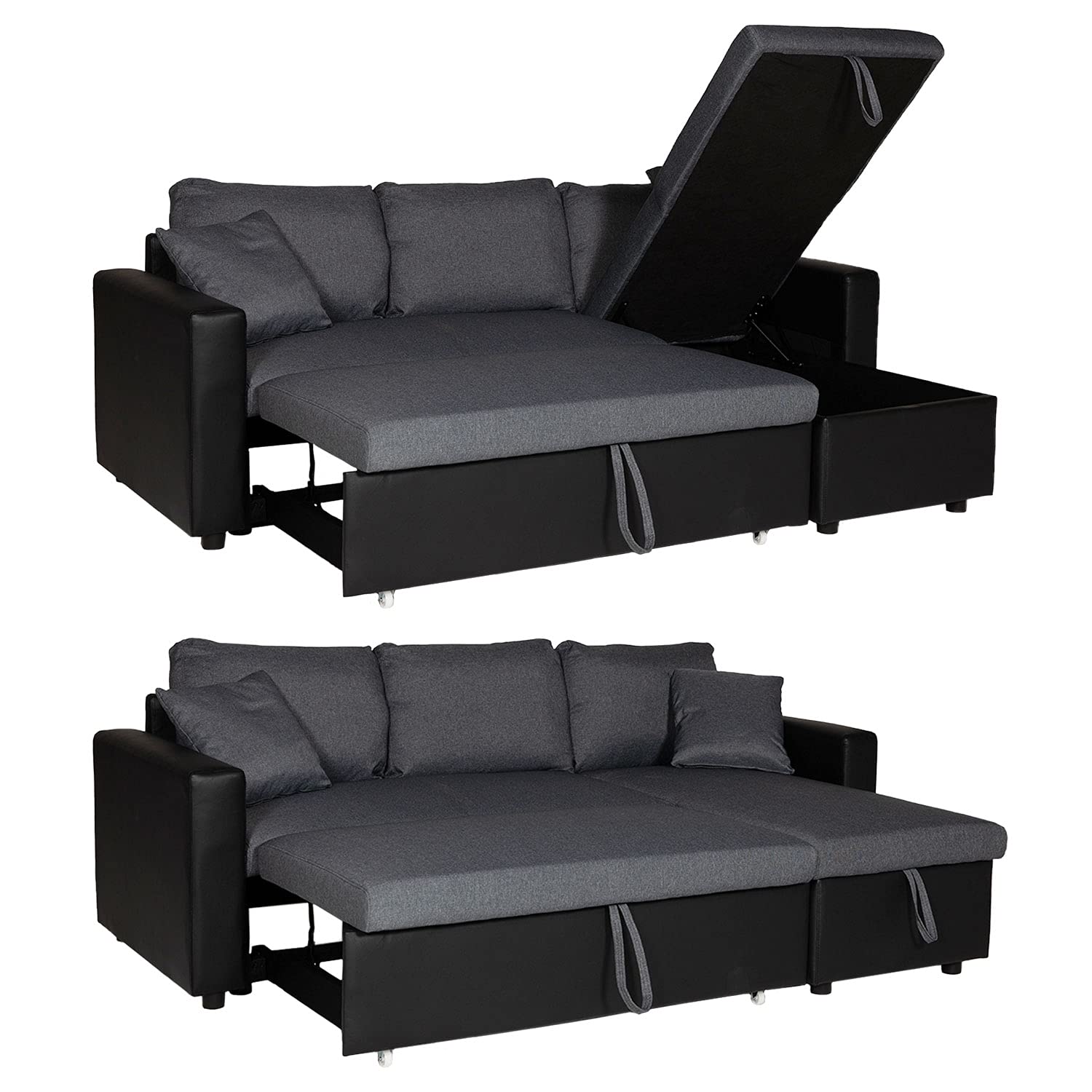 Happy Garden Canapé d'angle Convertible Clark 3 Places en Tissu et Simili Gris chiné et Noir. Canapé avec méridienne réversible et Coffre de Rangement.