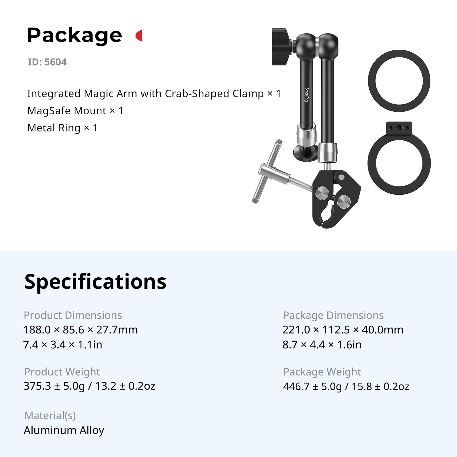 SMALLRIG Morsetto Magic Arm, supporto per telefono per Magsafe e anello adattatore magnetico, Magic Arm integrato da 11 pollici per iPhone, Android, per action cam/monitor LCD/luci LED - 5604
