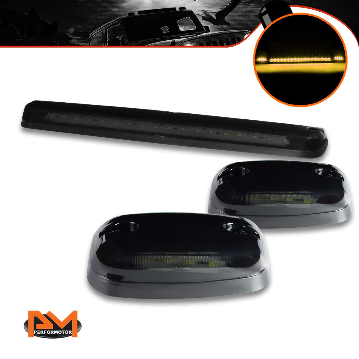 PM PERFORMOTOR 3Pcs Amber LED Cab Top Roof Running Lights Marker Lights Compatible with 07-13 Silverado Sierra,Smoked Housing