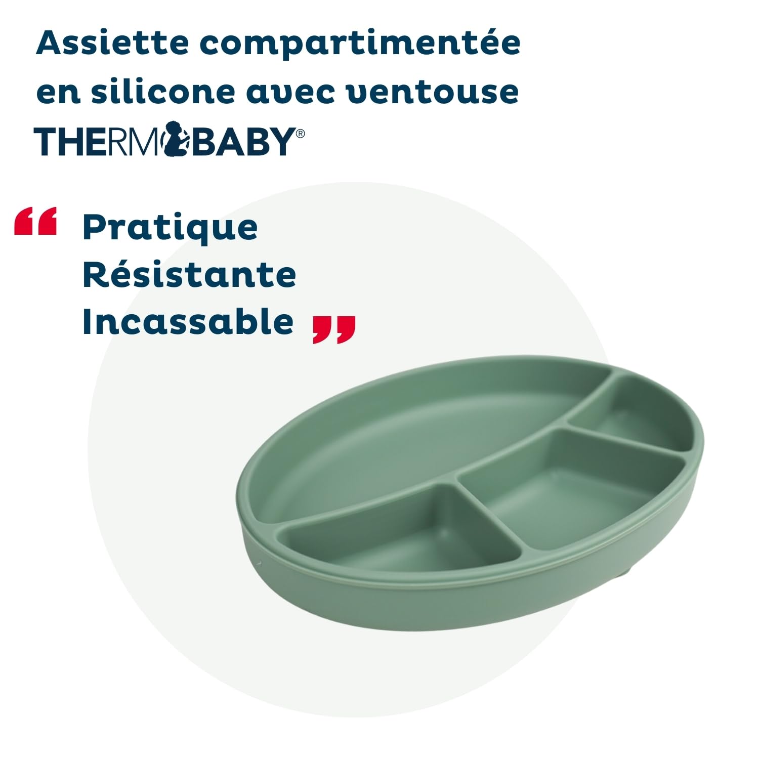 Thermobaby - Piatto in silicone con scomparti - Piatto a ventosa per neonati - Piatto Bebe - Piatto infrangibile per neonati - Antiscivolo - Lavabile in lavastoviglie e forno a microonde - Verde