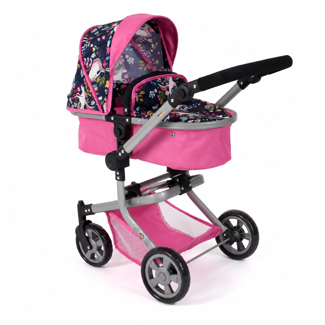 Bayer Chic 2000 - Mika Doll's Pram, 2-in-1 Combination Doll Pram for Children from 4 to 8 Years, Pushchair for Dolls up to 52 cm, Unicorn, Pink/Navy